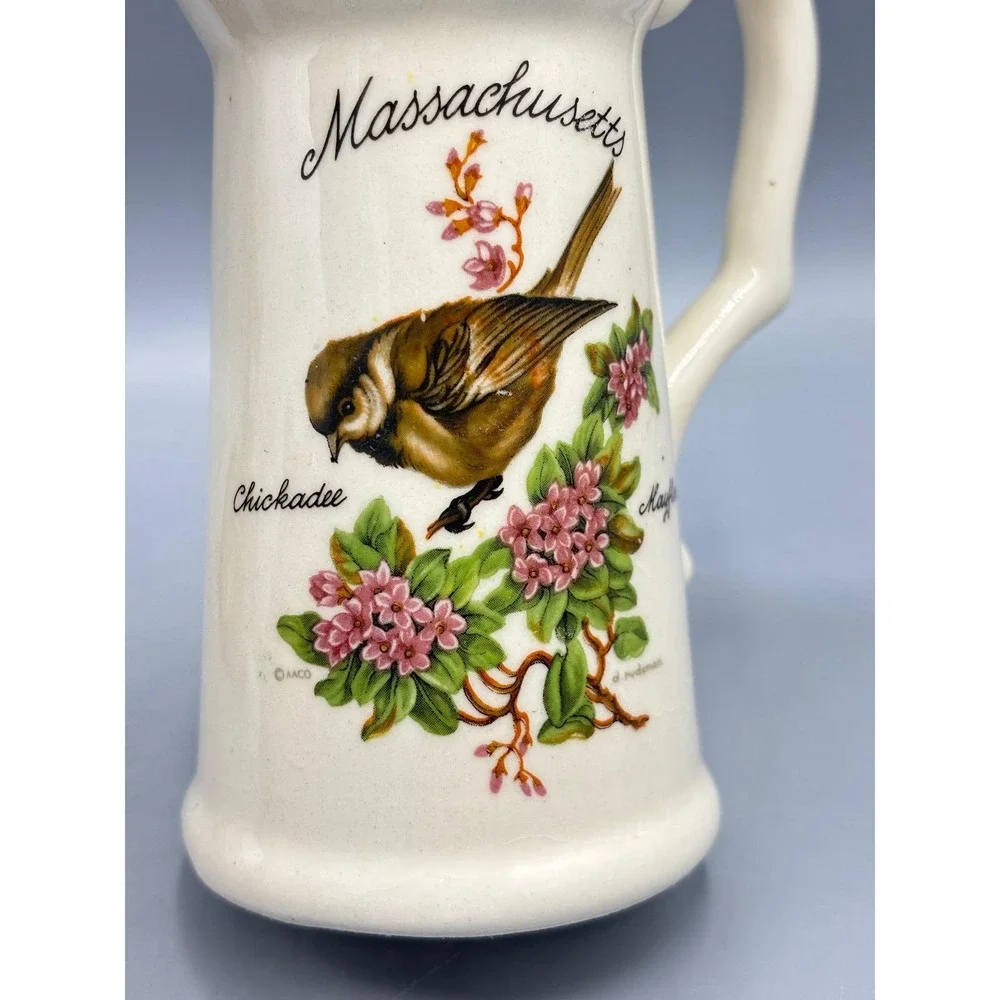 Vtg Massachusetts Souvenir Mini Pitcher Chickadee Mayflower Gold Rim Creamer 5in